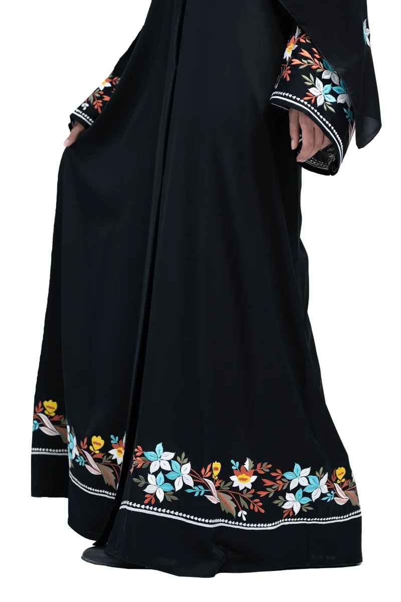 NUKHBAA Elegant Black Nida Abaya with Vibrant Floral Embroidery in Abaya and Hijab.-638
