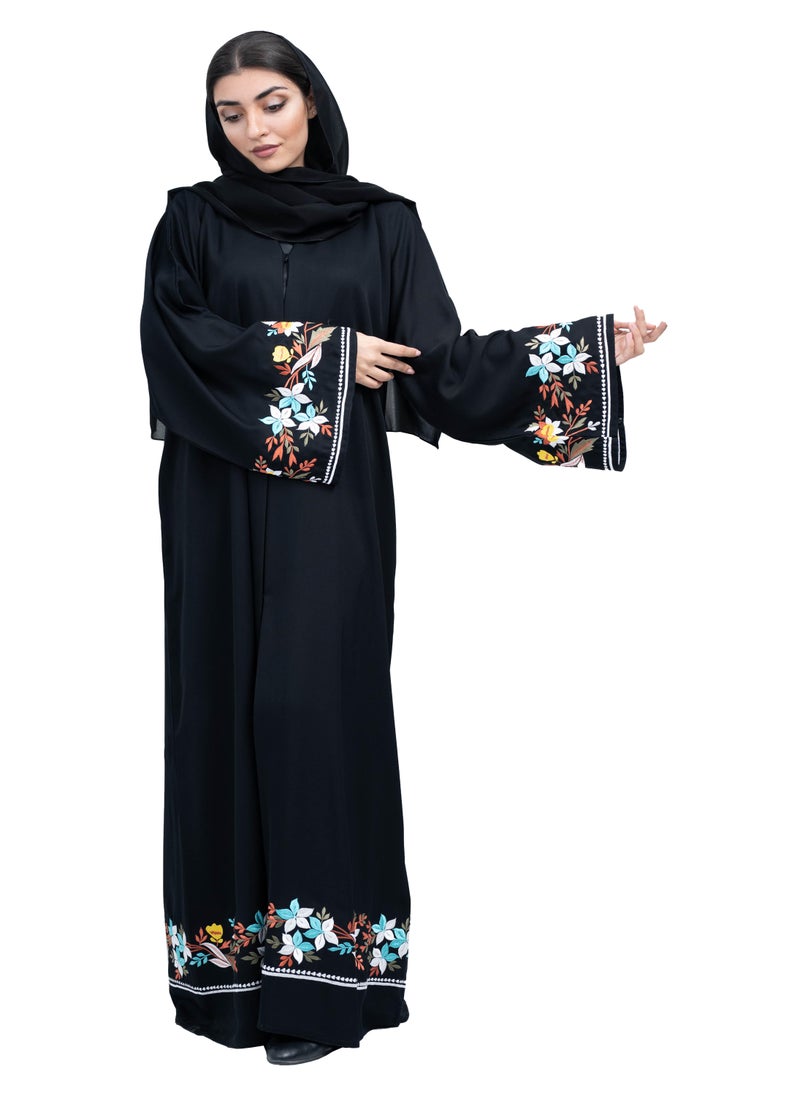 NUKHBAA - Elegant Black Nida Abaya with Vibrant Floral Embroidery in Abaya and Hijab.-638 - Image 1