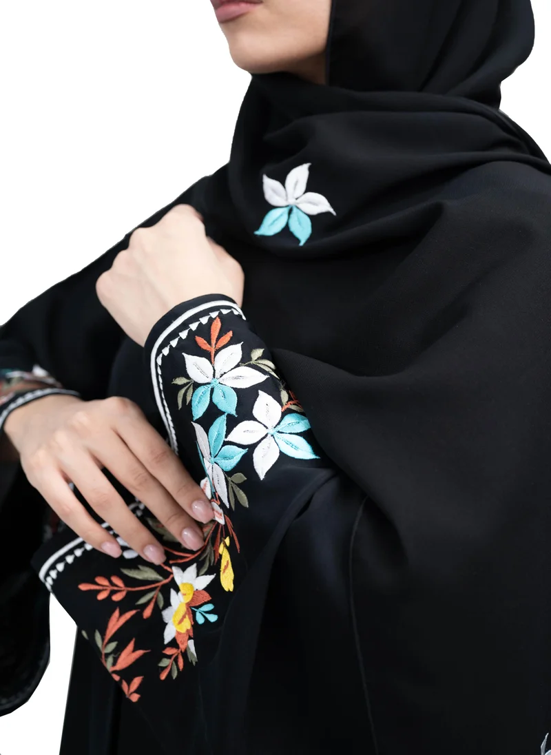 النخبة Elegant Black Nida Abaya with Vibrant Floral Embroidery in Abaya and Hijab.-638