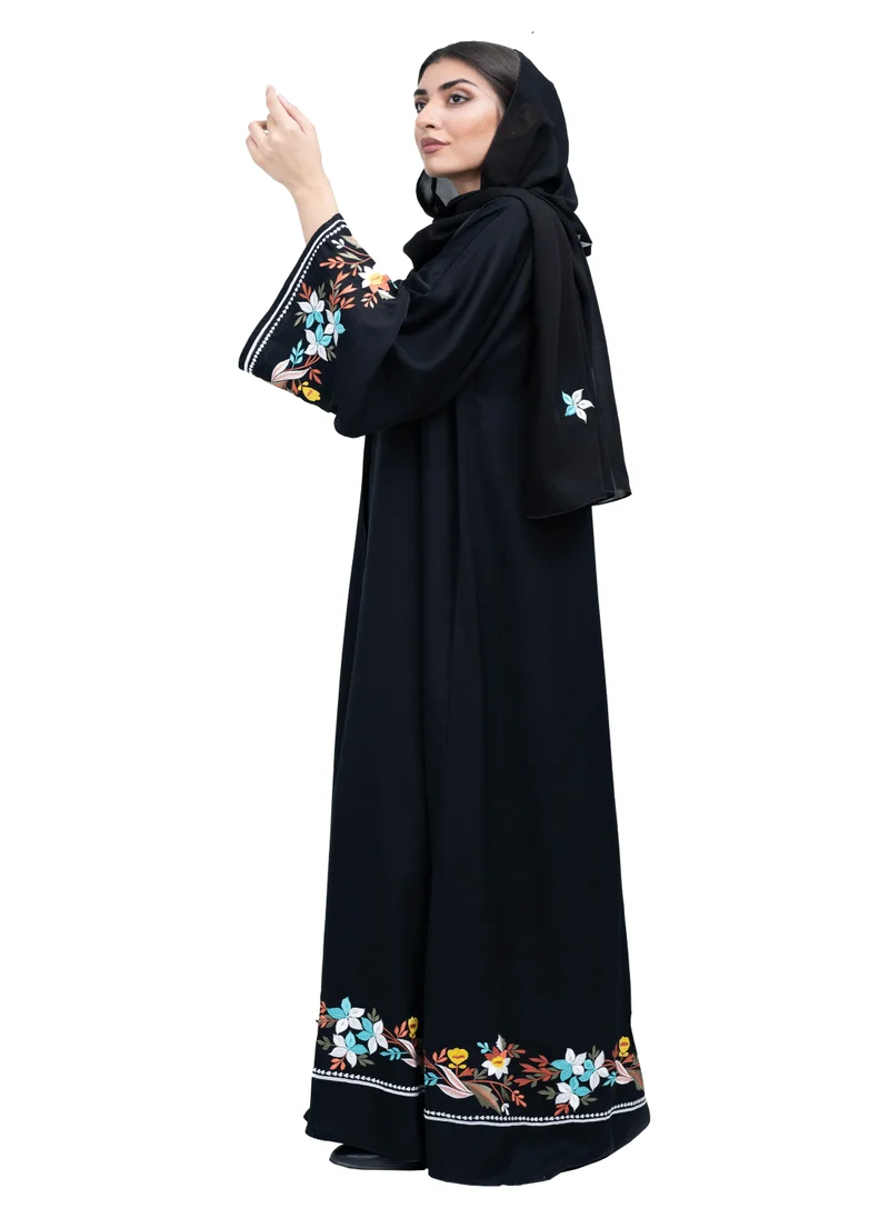 NUKHBAA Elegant Black Nida Abaya with Vibrant Floral Embroidery in Abaya and Hijab.-638