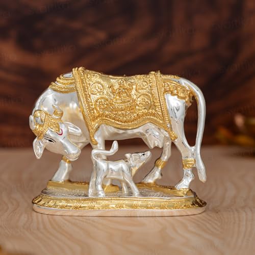 Svastika Vastu Kamdhenu Cow with Calf Idol | 24K Gold & 999 Silver Plated | Excellent Vastu Correction Remedy for Financial Problems | Wedding & Housewarming Gift (5 Inch) - Image 1