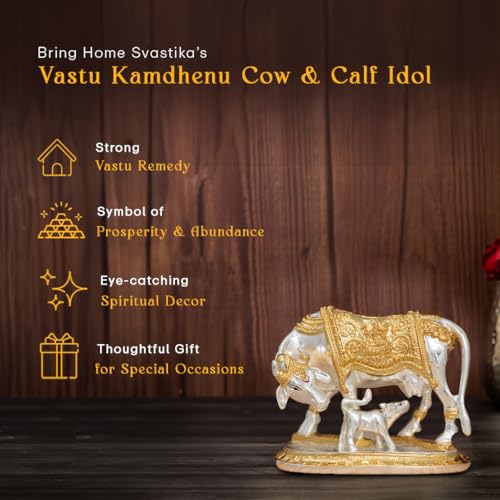 Svastika Vastu Kamdhenu Cow with Calf Idol | 24K Gold & 999 Silver Plated | Excellent Vastu Correction Remedy for Financial Problems | Wedding & Housewarming Gift (5 Inch) - Image 2