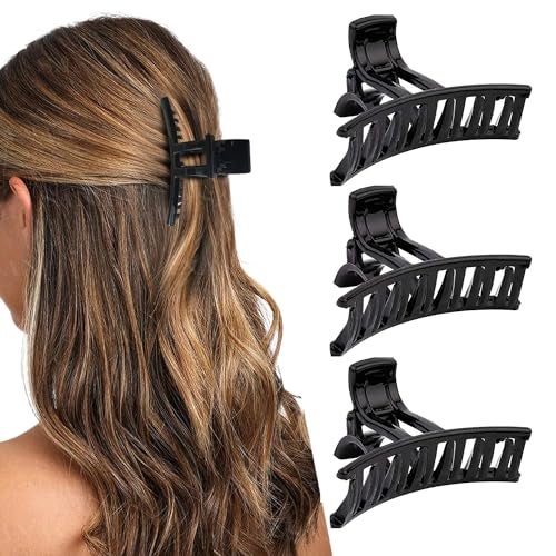BIRDWARE Plain Big Size Round-shape Multi Color Acrylic Material Stone Butterfly hair Clips For Women (Pack of 3, Black color) | hair clutchers | hair claws (Black & Shell) - Image 1
