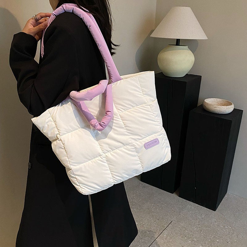 Fashion Large Capacity Plaid Cotton-Padded Suit Bag Women'S 2025 Winter New Down Shoulder Bag Contrast Color Portable Tote Bag - Image 2