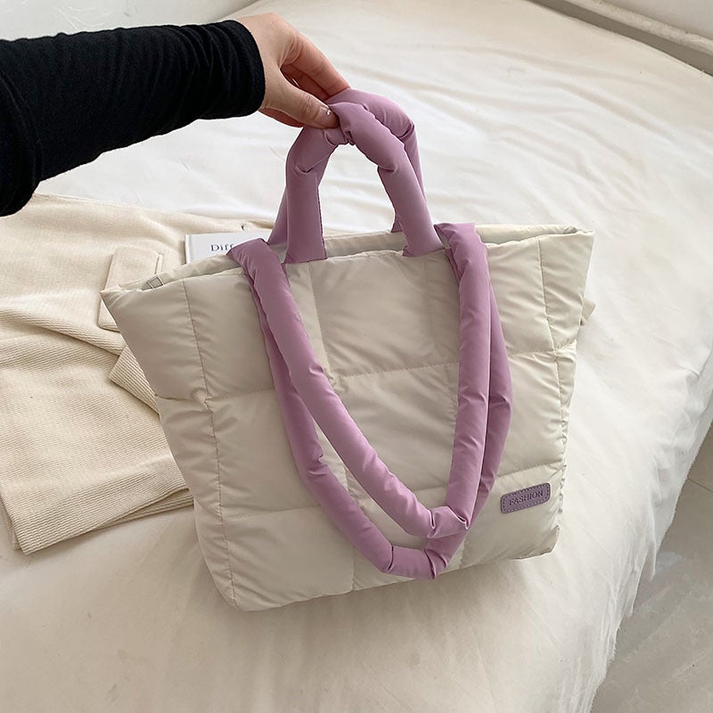 Fashion Large Capacity Plaid Cotton-Padded Suit Bag Women'S 2025 Winter New Down Shoulder Bag Contrast Color Portable Tote Bag - Image 4