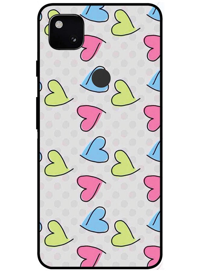EYE CATCH Protective Case Cover For Google Pixel 4A Smart Series Printed Protective Case Cover for Google Pixel 4A Pink Blue & Yellow Hearts - Image 1