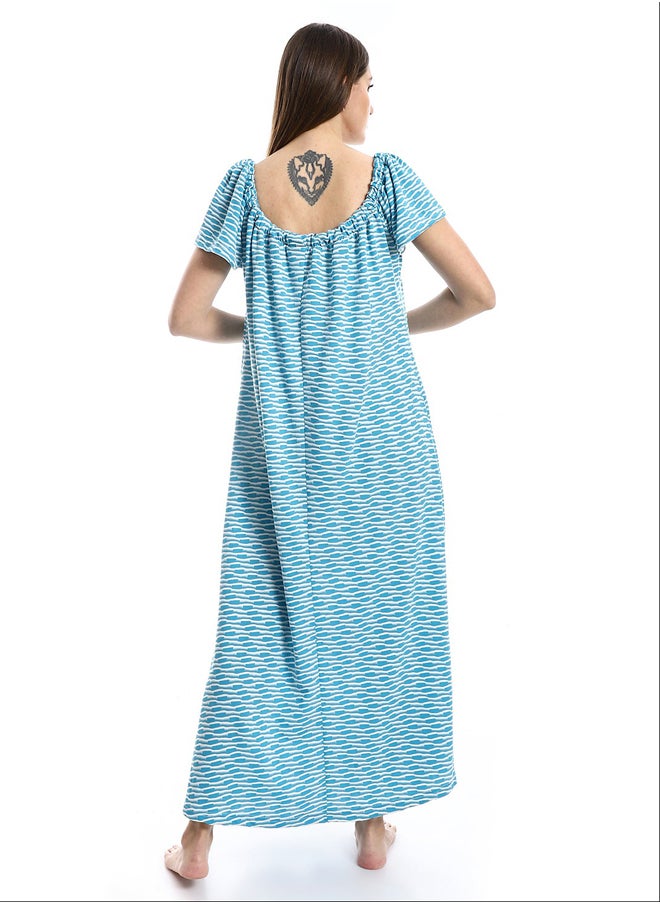 Andora - Lace Closure Neck White & Aqua Blue Nightgown_Aqua Blue - Image 1