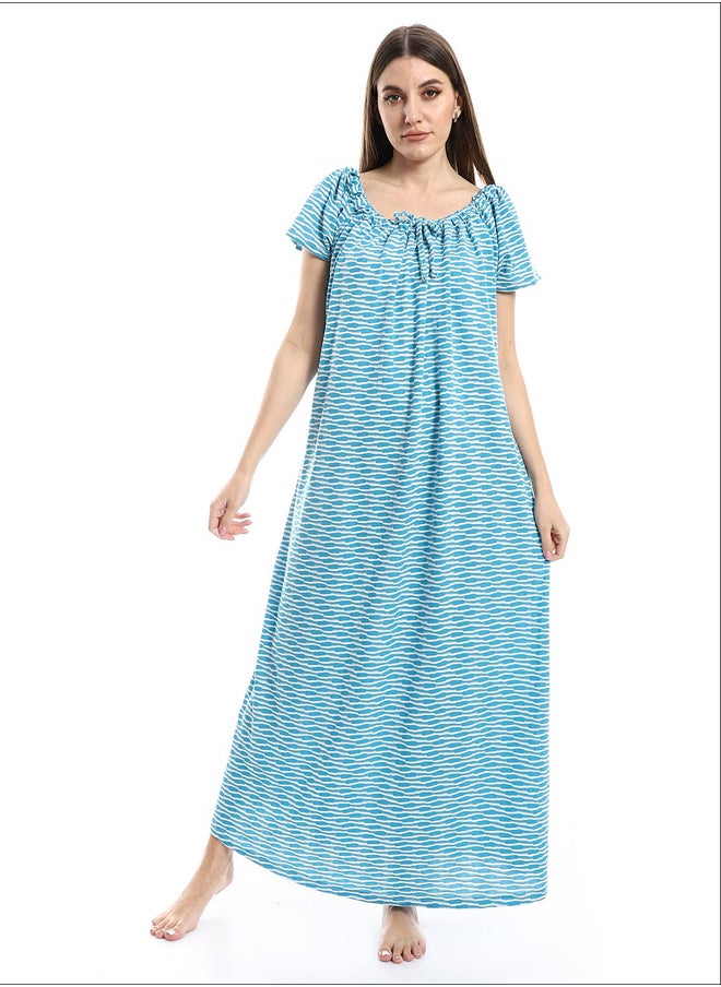 Andora - Lace Closure Neck White & Aqua Blue Nightgown_Aqua Blue - Image 1