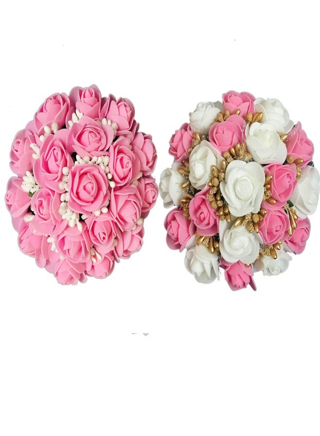 Arooman™ Bridal Artificial Flower Hair Juda Gajra/Bun Hair Accessories for Women & Girls, Pack of 02, Pink & White