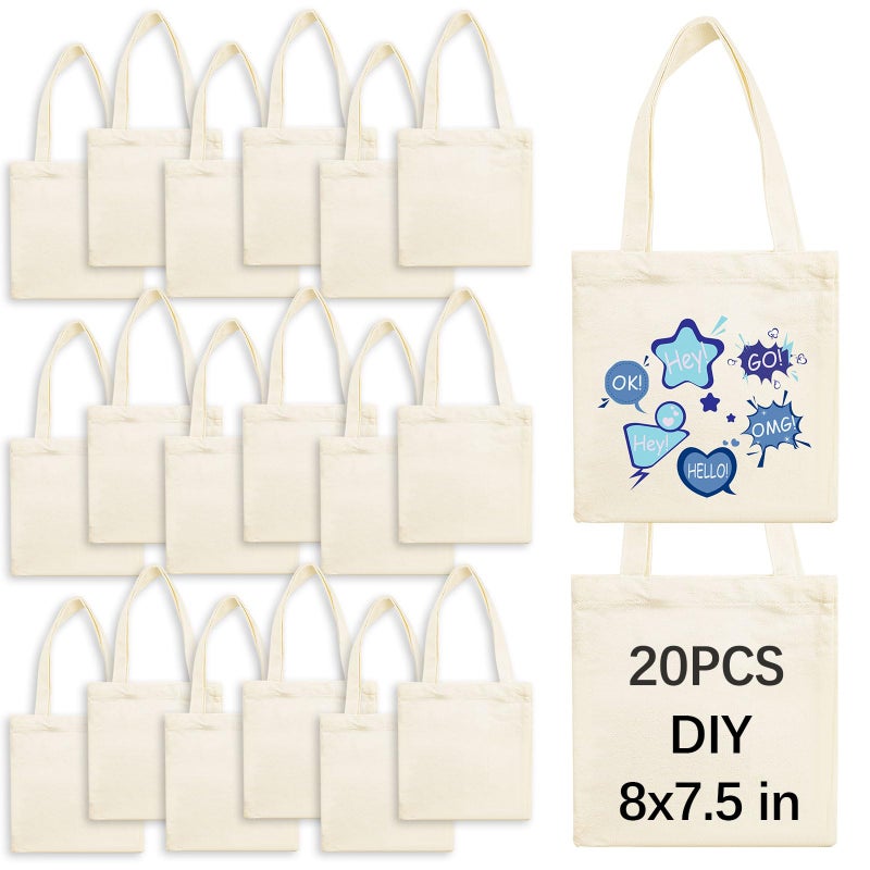 OKBA 20 Pcs 8X7.5 Inch Sublimation mini tote bags ï¼ŒBlank Canvas Tote Bags Reusable Grocery Bags, small tote bags for kids DIY Sack Goody Bag for Party Event Bag -Beige - Image 1