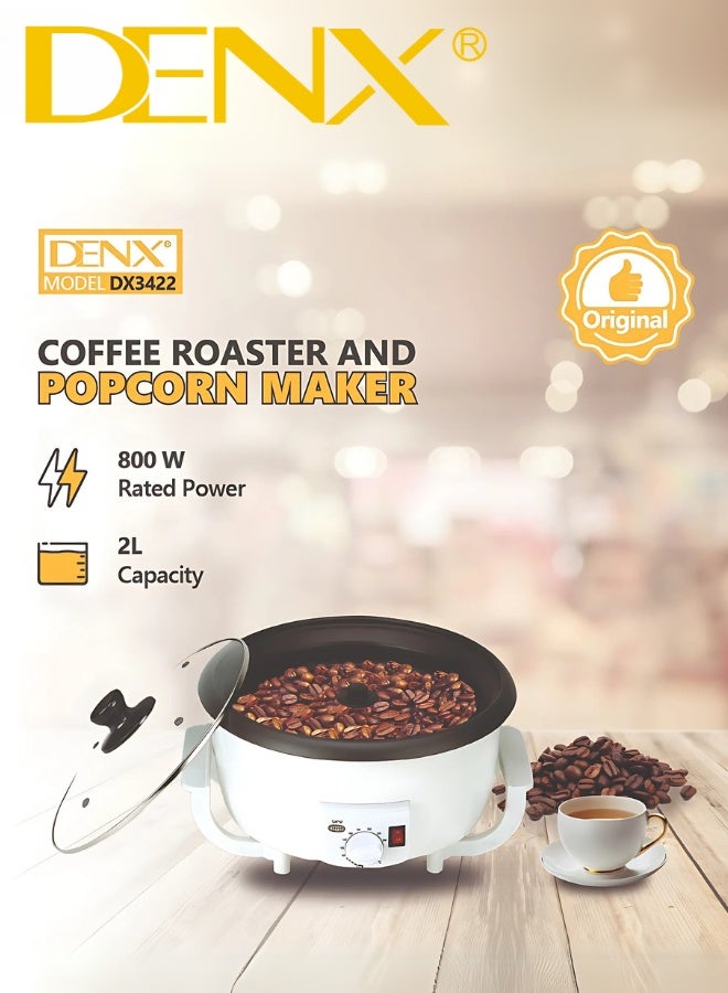 Denx DENX DX3422 Electric Coffee Roaster and Popcorn Maker – 800W Power, 2L Capacity with Transparent Glass Lid and Adjustable Temperature Control – Ideal for Home Roasting of Coffee Beans, Making Popcorn and Nuts with Ease  - Image 4