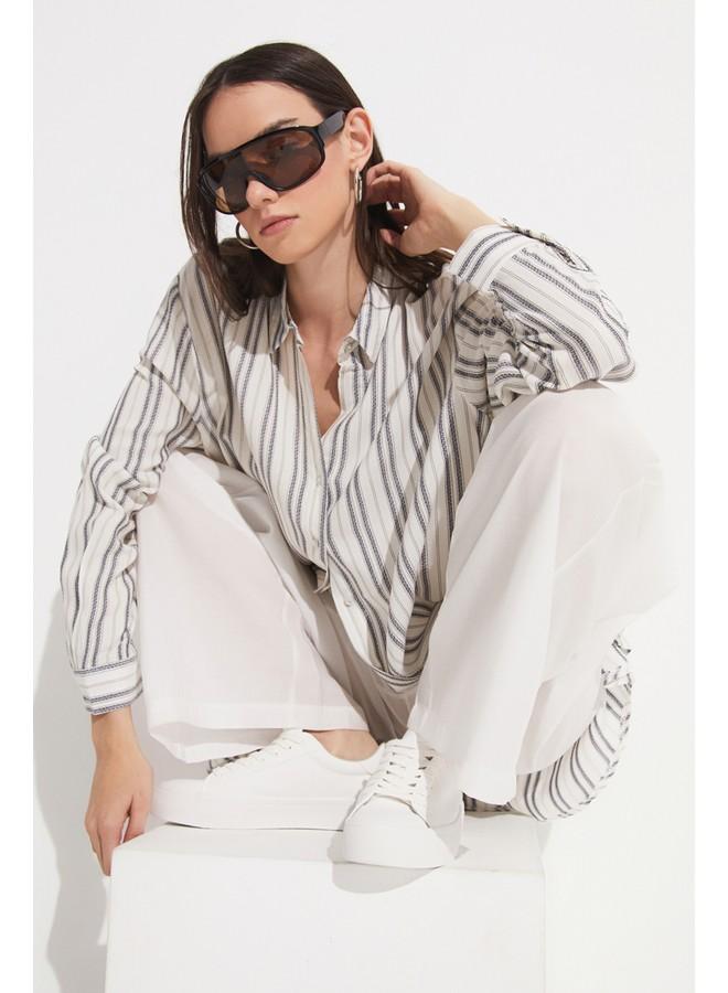 جون بنطلون واسع نسائي من مودال بمقاس مرن بخصر مطاطي بلون إكرو - Image 5