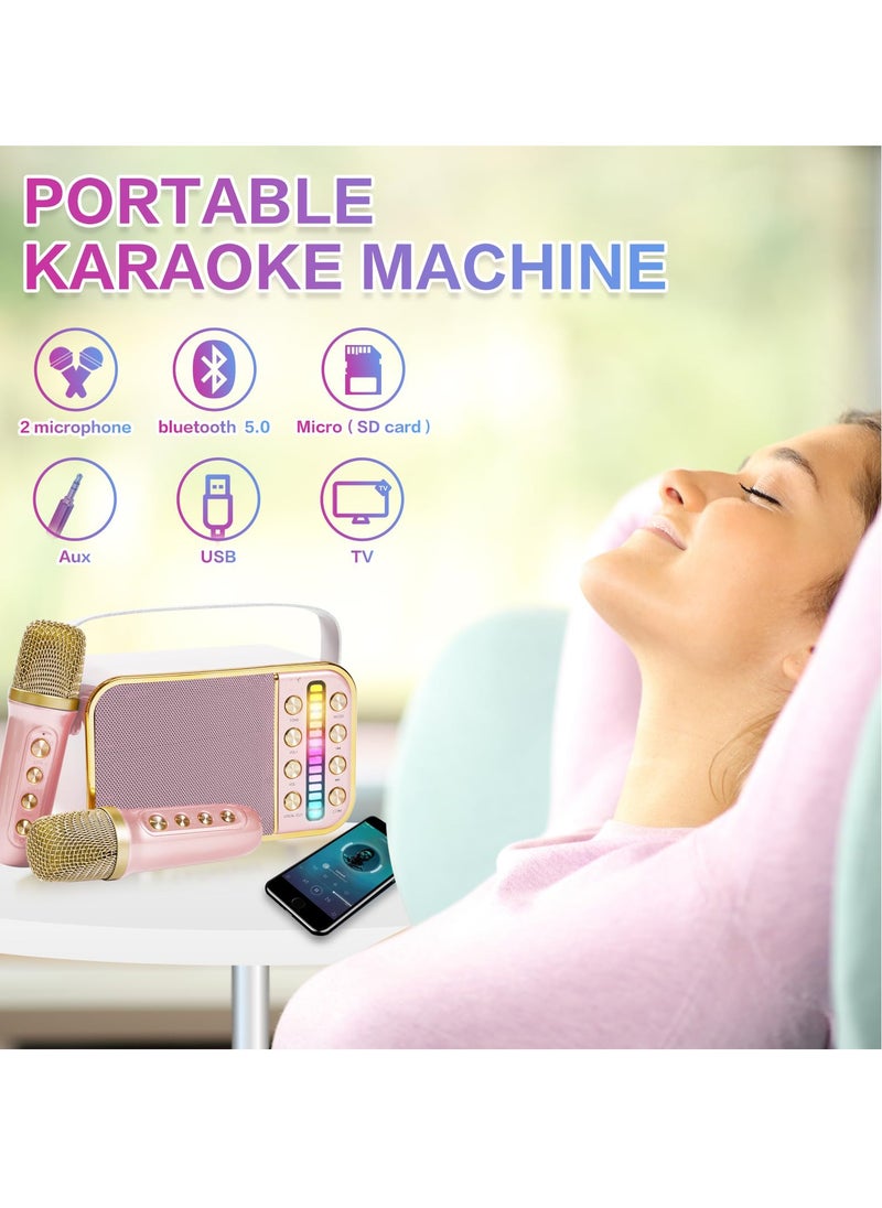 SYOSI - Mini Karaoke Machine with 2 Wireless Microphone Set Mini Karaoke Machine for Kids and Adults Portable Handheld Microphone and Speaker Set Retro Speaker System with Disco Light Home Party KTV Pink - Image 1