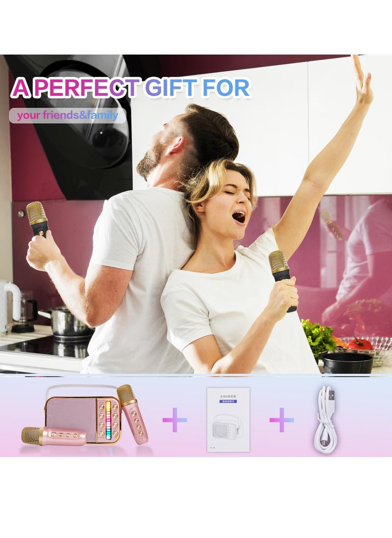 SYOSI - Mini Karaoke Machine with 2 Wireless Microphone Set Mini Karaoke Machine for Kids and Adults Portable Handheld Microphone and Speaker Set Retro Speaker System with Disco Light Home Party KTV Pink - Image 1