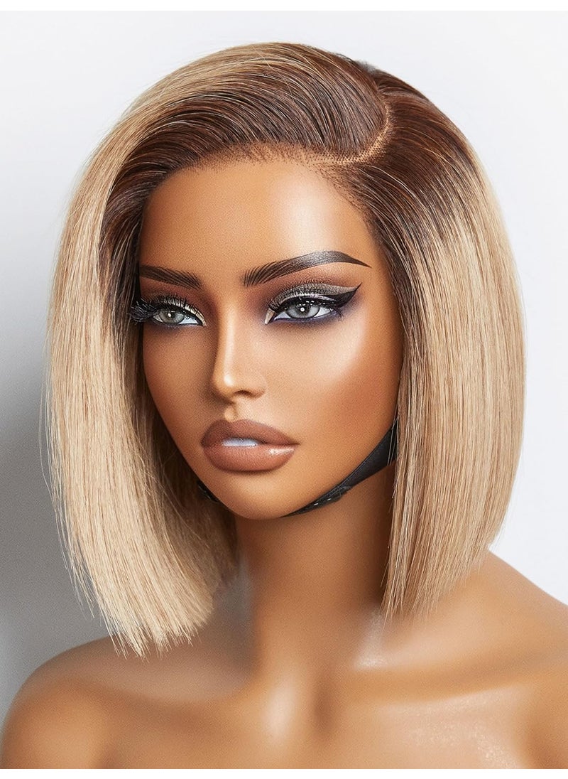 LUVME HAIR - LUVME HAIR Ash Blonde Short Bob Wig  Human Hair Glueless Blunt Cut Style HD Lace Closure Pre Plucked Side Parted Ombre Straight 8 Inch - Image 1