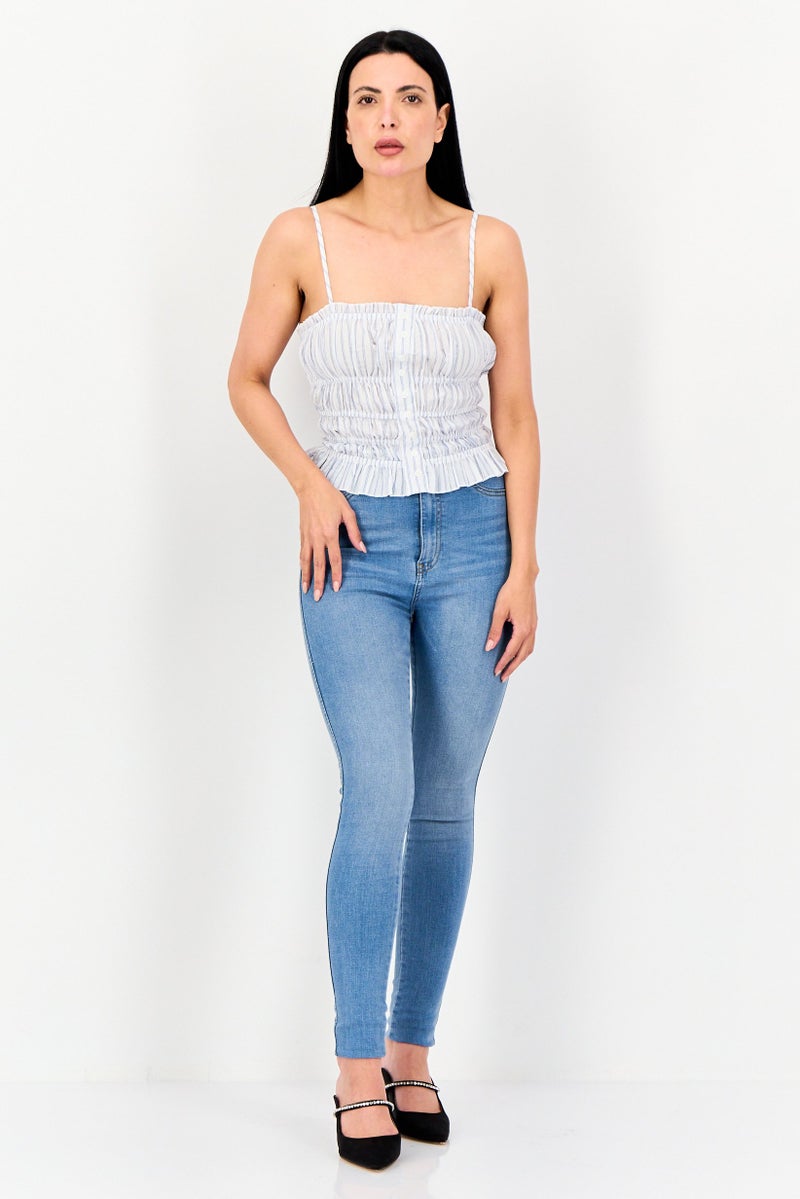 FOREVER 21 بلوزة نسائية بدون أكمام بياقة مربعة، مخططة، متعددة الألوان - Image 4