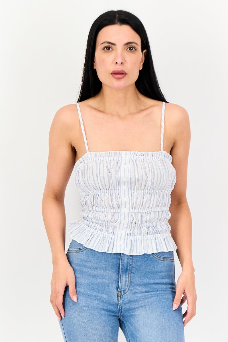 FOREVER 21 بلوزة نسائية بدون أكمام بياقة مربعة، مخططة، متعددة الألوان - Image 1