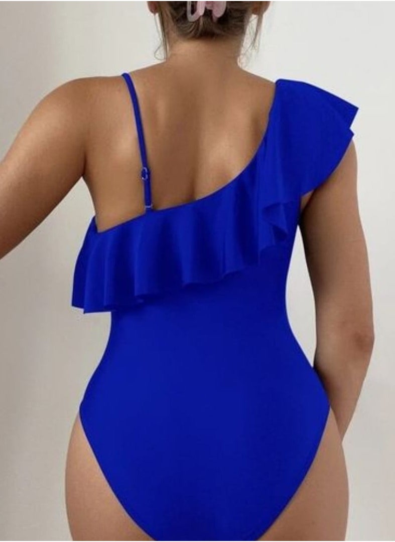 Shein - Ruffle Trim Contrast Mesh One Piece Swimsuit Blue - Image 1