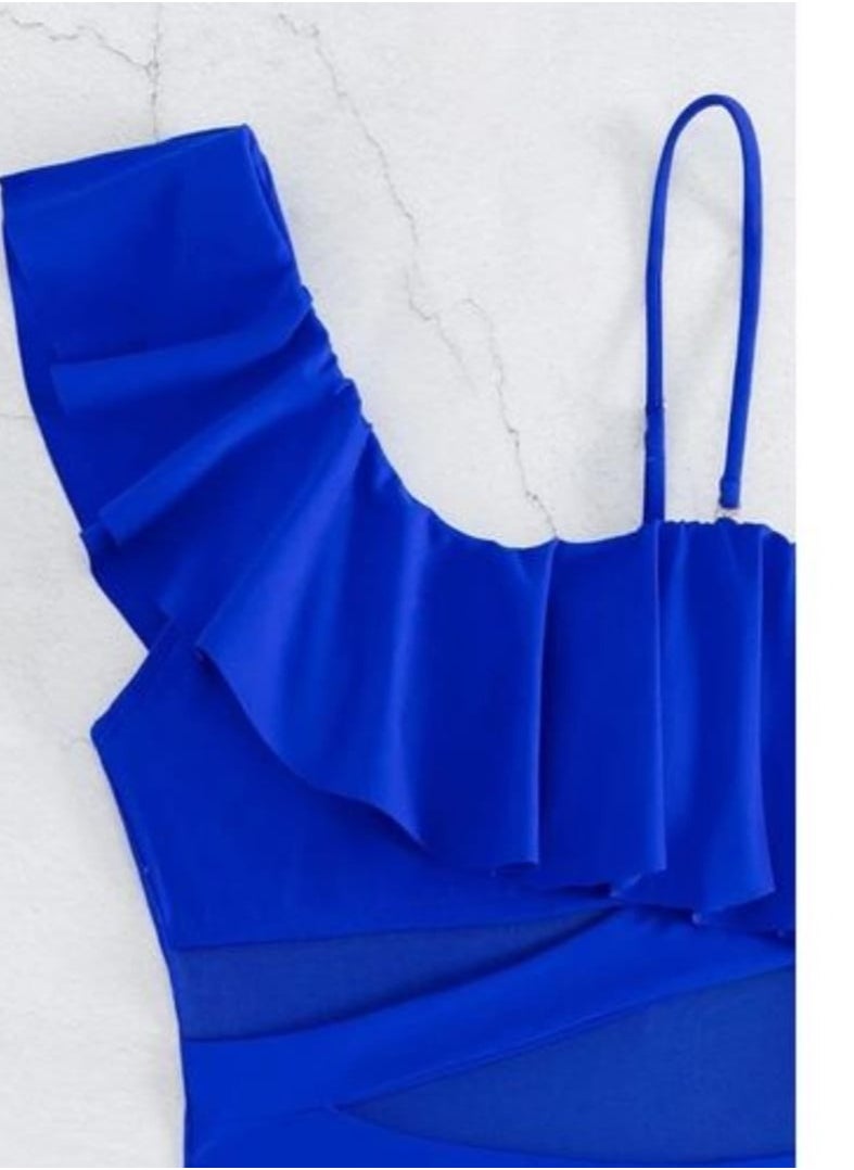 Shein - Ruffle Trim Contrast Mesh One Piece Swimsuit Blue - Image 1