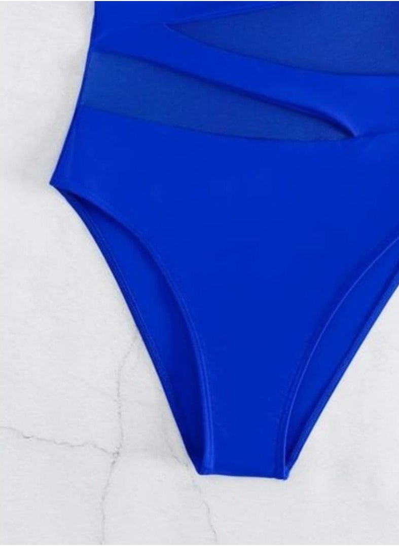 Shein - Ruffle Trim Contrast Mesh One Piece Swimsuit Blue - Image 1