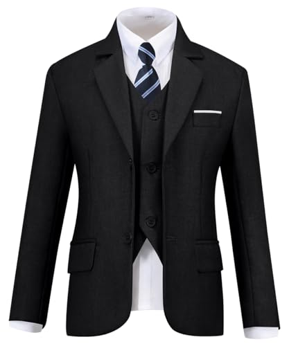 Visaccy Suit for Boys Kids Suits Slim Fit Tuxedo Blazer Vest Pants Shirt and Tie Black Size 10 - Image 3