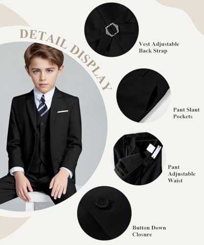 Visaccy Suit for Boys Kids Suits Slim Fit Tuxedo Blazer Vest Pants Shirt and Tie Black Size 10 - Image 2