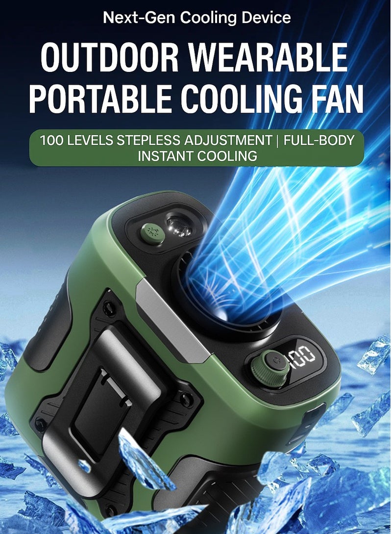 Upgrade Portable Waist Fan 6000mAh Body Wearable Belt Clip Fan Undershirt Personal Cooling Neck Fans with 100 Speeds Flashlight Power Bank 40H Cooling For Outdoor Camping Travel (Green) - Image 1