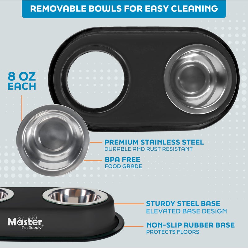 Master Pet Supply Double Dog Bowls Set with Elevated Base and 2 (8 oz) Stainless Steel Removable Dishes (Black Velvet) â€“ Double Cat Food Water Bowl, Dog Puppy Food Bowl Set, Rust Resistant - Image 3