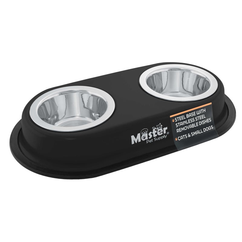 Master Pet Supply Double Dog Bowls Set with Elevated Base and 2 (8 oz) Stainless Steel Removable Dishes (Black Velvet) â€“ Double Cat Food Water Bowl, Dog Puppy Food Bowl Set, Rust Resistant - Image 1