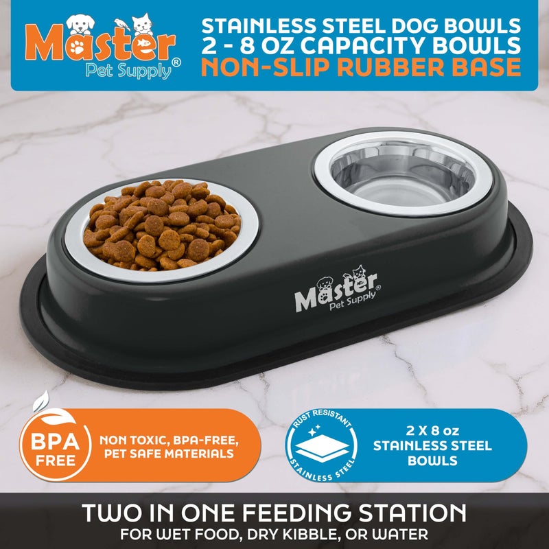 Master Pet Supply Double Dog Bowls Set with Elevated Base and 2 (8 oz) Stainless Steel Removable Dishes (Black Velvet) â€“ Double Cat Food Water Bowl, Dog Puppy Food Bowl Set, Rust Resistant - Image 2