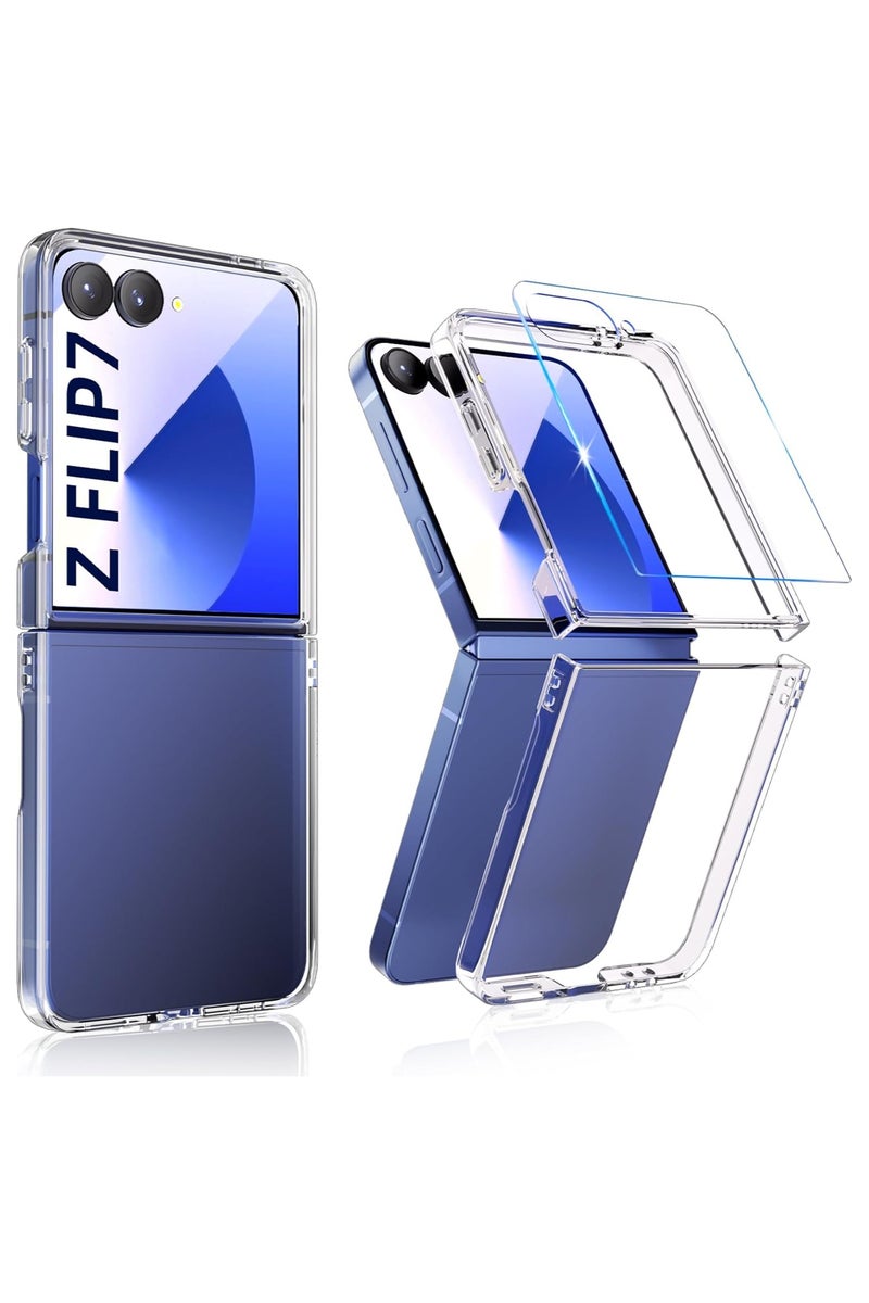 Case for Samsung Galaxy Z Flip 7 with Tempered Glass Full Protection Cover Slim Fit Lightweight Anti-Drop Transparent Anti-Yellowing Hard PC Case Shockproof Clear Cover for Samsung Galaxy Z Flip 7 - Image 1