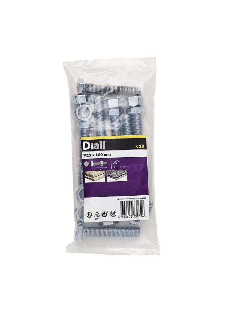 ACE Diall M12 Hex Carbon Steel Bolt And Nut 60mm 10Pcs 