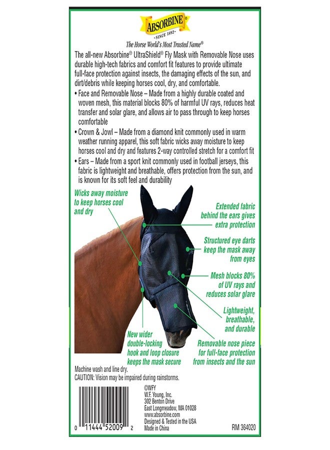Absorbine UltraShield Equine Fly Mask, UV Protection, Horse Size with Ears & Removable Nose - Image 2