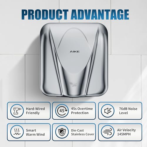 AIKE Elephant Power Commercial Hand Dryer High Speed Auto Warm Wind, Polished Stainless Steel Cover AC110V-130V Model AK2812 - Image 5