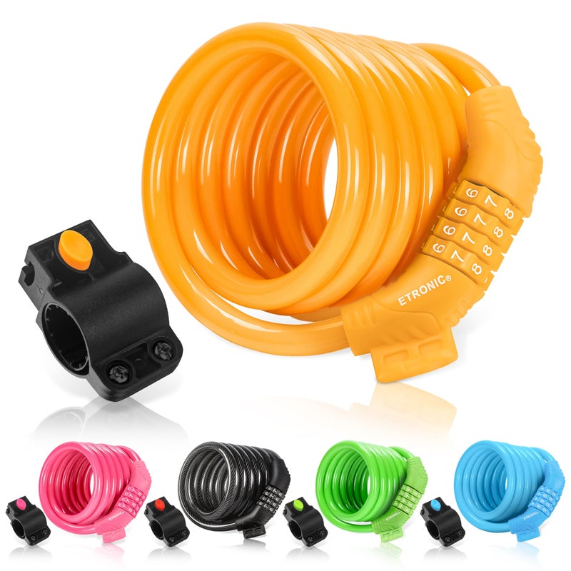 ETRONIC Security Bike Lock Self Coiling Resettable Combination Lock Bike Cable Lock, 6-Feet x 3/8-Inch - Yellow - Image 1