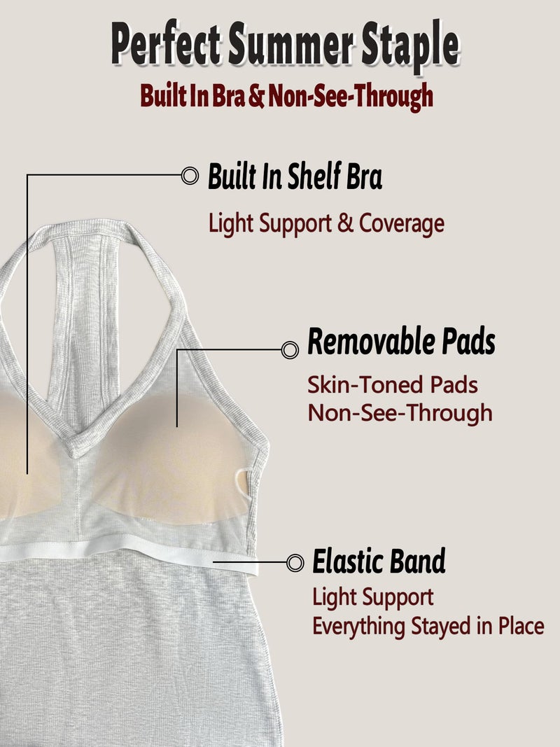 Danysu V Neck Racerback Built-in Bra Tank Tops for Women Trendy Cotton Ribbed Basic Halter Top Light Linen Gray S - Image 3