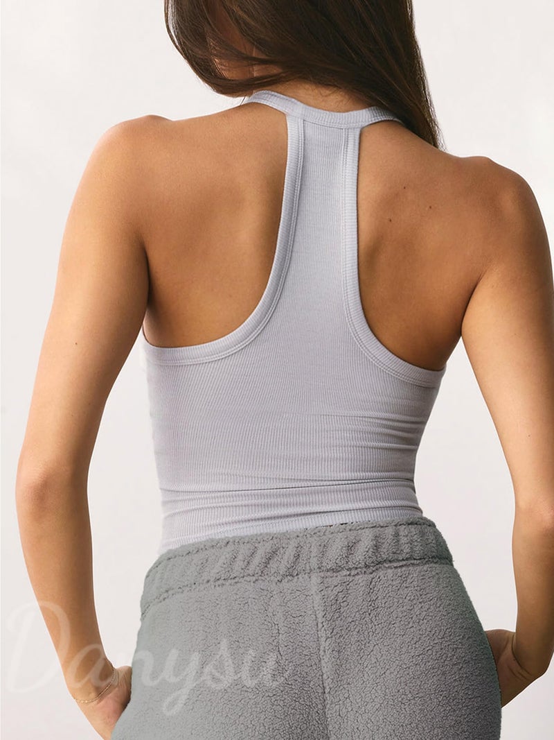 Danysu V Neck Racerback Built-in Bra Tank Tops for Women Trendy Cotton Ribbed Basic Halter Top Light Linen Gray S - Image 2
