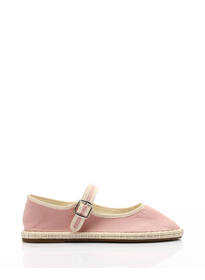 DejaVu Buckle Closure Oval Toecap Flat Shoes - Pink & Off White - Image 1