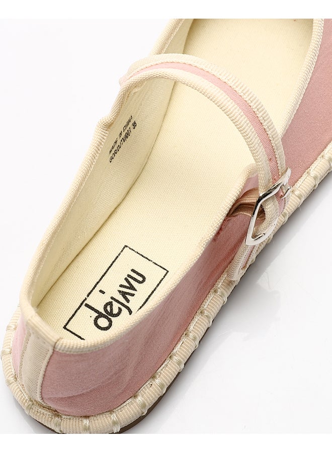 DejaVu Buckle Closure Oval Toecap Flat Shoes - Pink & Off White - Image 4