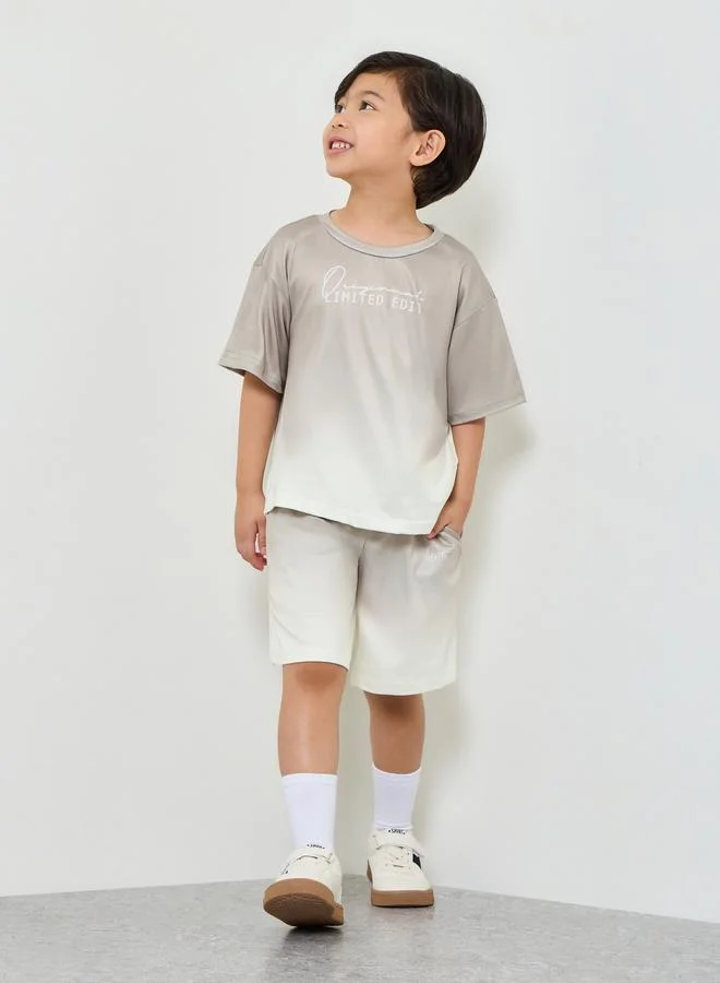 Styli Boys Ombre Slogan Print T-Shirt and Shorts Set