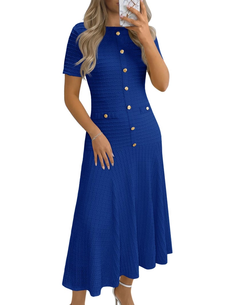 Wenrine Womens Midi Dress Summer Casual Short Sleeve Crewneck Button Decor. Textured Slim Fit A Line Dresses Royal Blue - Image 1