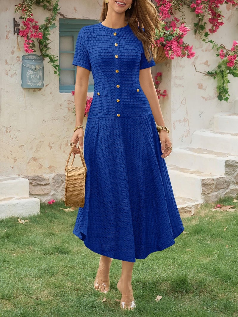 Wenrine Womens Midi Dress Summer Casual Short Sleeve Crewneck Button Decor. Textured Slim Fit A Line Dresses Royal Blue - Image 4
