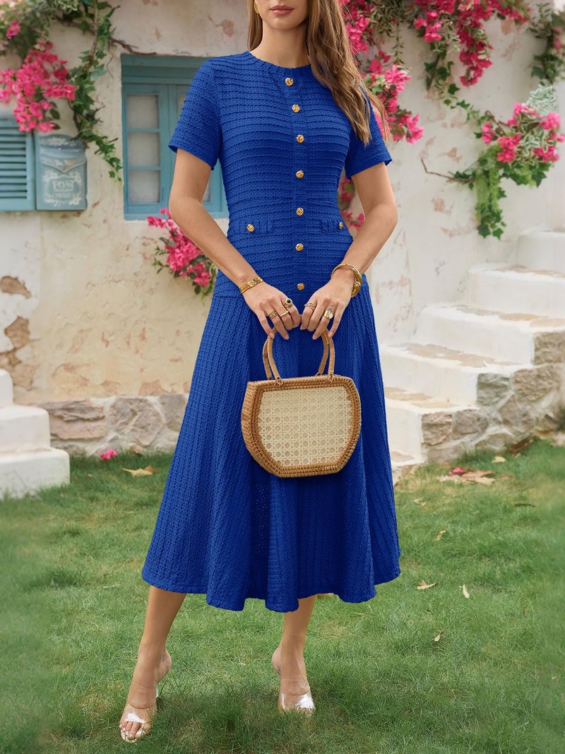 Wenrine Womens Midi Dress Summer Casual Short Sleeve Crewneck Button Decor. Textured Slim Fit A Line Dresses Royal Blue - Image 3