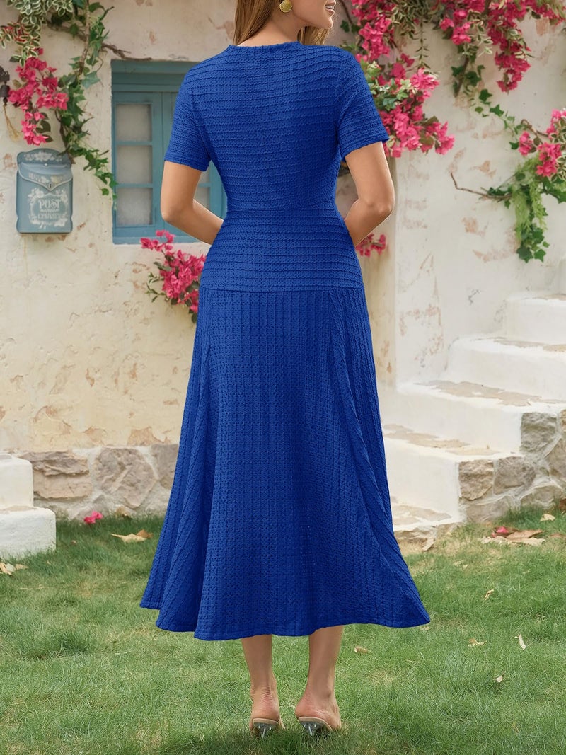 Wenrine Womens Midi Dress Summer Casual Short Sleeve Crewneck Button Decor. Textured Slim Fit A Line Dresses Royal Blue - Image 5