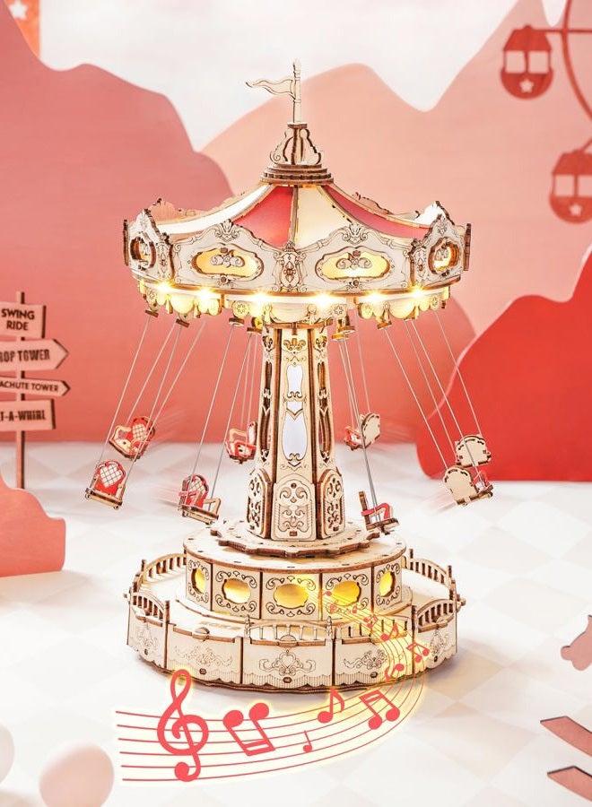 ROKR 3D Puzzles Wooden Music Box with LED, Rotating Swing Ride Mechanical Model DIY Wood Craft Hobby for Adults Birthday for Boys/Girls - Image 1