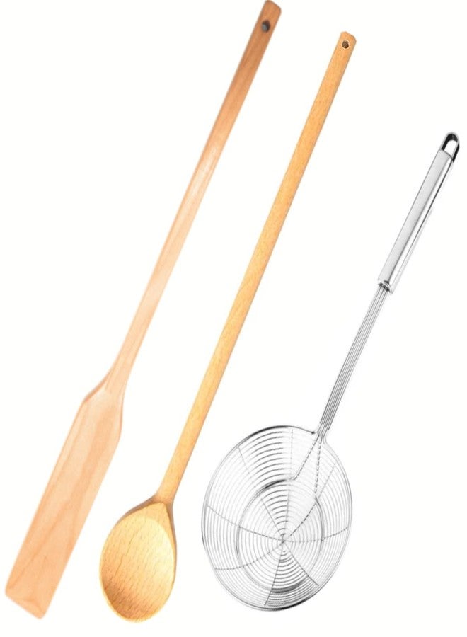 Ven-Trap Extra Long 24” Wooden Paddle + 24" Wood Spoon +16” Stainless Steel Strainer Skimmer, Stirring Utensils, Cooking, Mixing, Home Brewing Stock Pots Cajun Crawfish, Seafood and Crab Pot Boil Accessories - Image 1