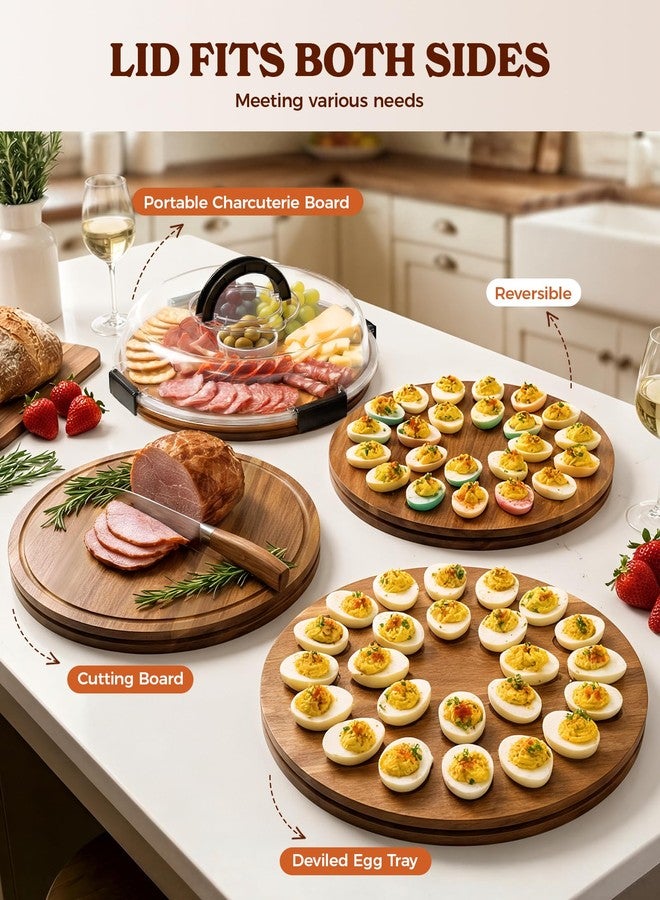 Sevenblue Acacia Wood Deviled Egg Containers with Lid and Handle, Portable Deviled Egg Platter for Easter, Potlucks & Party, Reversible Charcuterie Board Cutting Board - Image 3