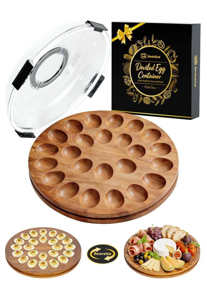 Sevenblue Acacia Wood Deviled Egg Containers with Lid and Handle, Portable Deviled Egg Platter for Easter, Potlucks & Party, Reversible Charcuterie Board Cutting Board - Image 1