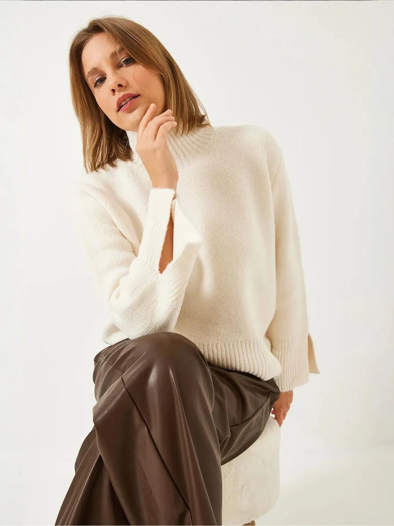 Bianco Lucci Dusty White LUCCI Turtleneck Relaxed Fit Sweater with Slit Detail for Women | Best Price UAE