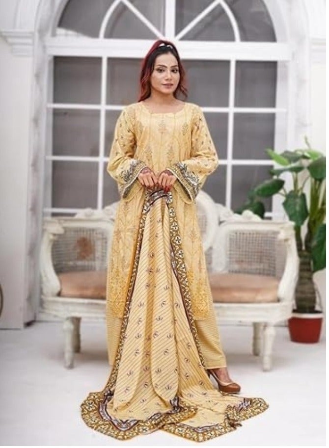 وينشيلز فستان ماكسي باكستاني مطرز - أصفر مزهر، أكمام جرسية وذيل طويل (مقاس كبير) - Image 4